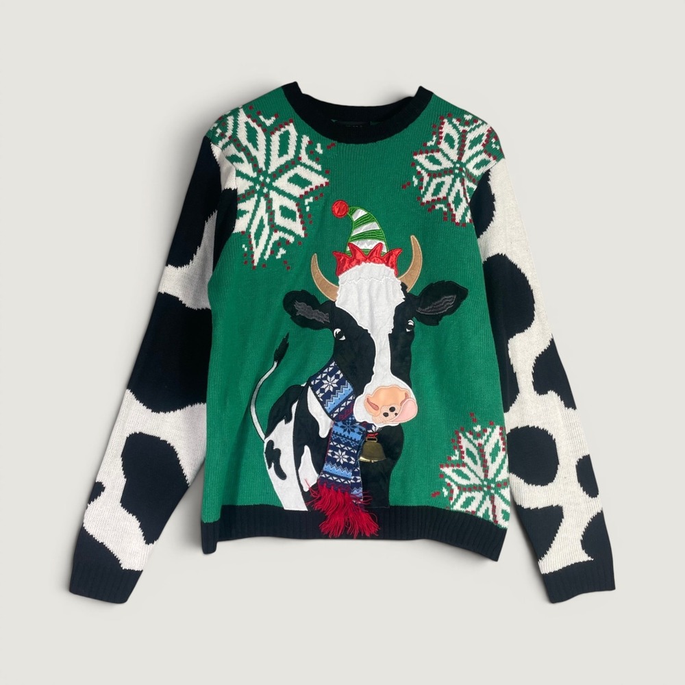 Blizzard Bay Cow Ugly Christmas Sweater Men Large Green Fair Isle Bell Holiday